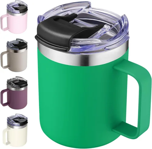 Vista 37 de Taza de café aislada de 12 onzas con asa, taza de café de viaje de acero inoxidable con tapa abatible, vaso de café de doble pared con aislamiento