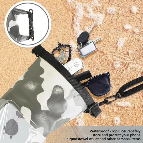 Vista 5 de Bolsa impermeable IP68, 2L - Bolsa impermeable para piscina con tapa enrollable, bolsas secas para kayak impermeables con bolsa para teléfono, bolsa