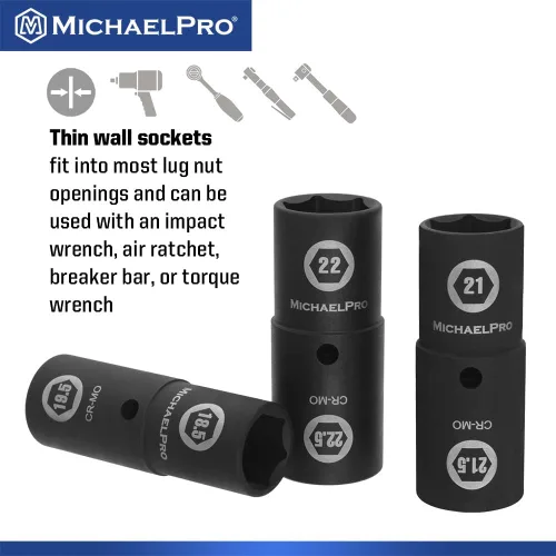 Vista 3 de MichaelPro Juego de 4 piezas de 1/2 pulgada de tamaño medio, juego de tuercas abatibles de impacto de pared delgada, acero cromado Moly para uso
