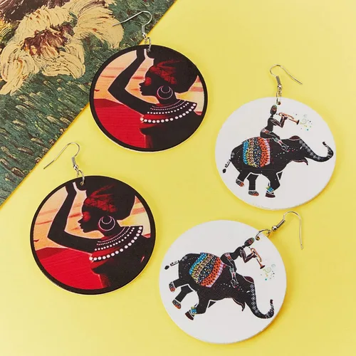 Vista 3 de 10 pares de aretes redondos africanos para mujer, de madera pintada, aretes de estilo étnico