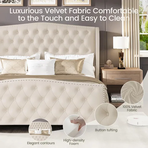 Vista 3 de LARMACE Base de cama tamaño Queen con tapizado de terciopelo, cama de plataforma con cabecera y pie de ala, base de cama con botones profundos