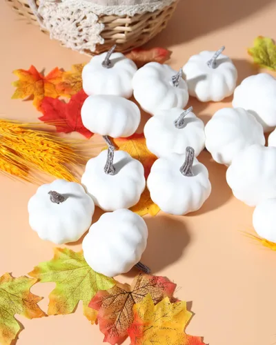 Vista 6 de vensovo Mini calabazas de plástico blancas de varios tamaños, 30 piezas surtidas de calabazas de espuma artificial, ideal para rellenar jarrones