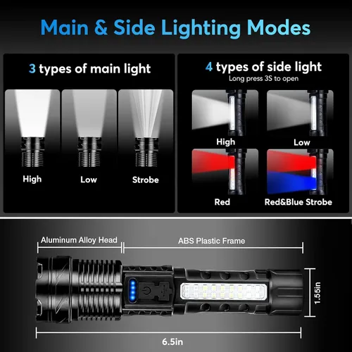Vista 4 de JIJ Paquete de 3 linternas, linternas recargables de alto lúmenes, linterna LED de 7 modos con IP67 impermeable, linterna táctica de mano ajustable