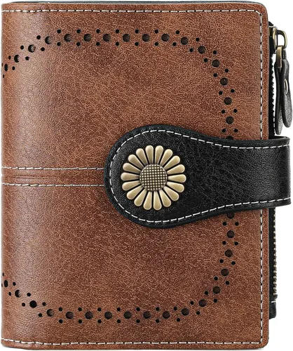 Vista 13 de SENDEFN - Billetera pequeña para mujer de cuero con doble solapa, portatarjetas con bloqueo RFID, bolsillo con cremallera para monedas 1-cera-rosa
