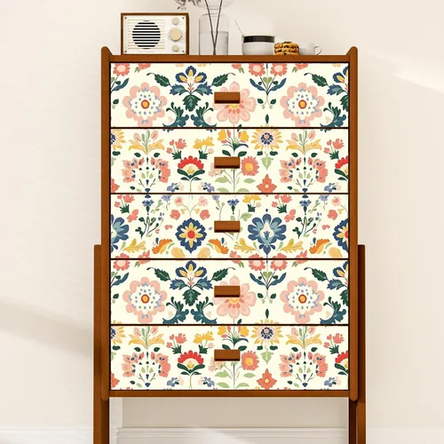 Vista 2 de ILHIIOR Papel tapiz floral rosa para despegar y pegar, papel de contacto con hojas bohemias, flores amarillas, extraíble, autoadhesivo, impermeable