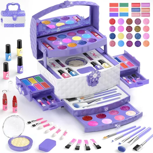 Vista 7 de GirlsHome Set de maquillaje para niñas de 56 piezas, lavable, cosméticos reales no tóxicos, juguetes de Frozen, kit de maquillaje para niñas