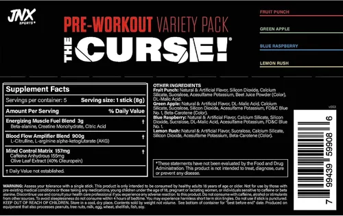 Vista 3 de JNX SPORTS The Curse! Polvo de preentrenamiento para hombres y mujeres, cafeína, beta-alanina, creatina, L-citrulina, 5 porciones, sabor a frambuesa