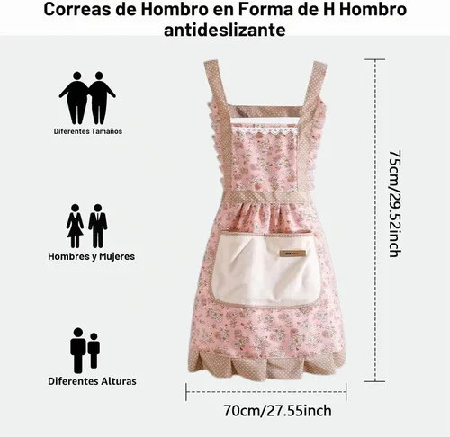Vista 8 de Delantales de 3 piezas para mujer con bolsillos, delantales florales de cocina, delantal de algodón resistente al agua con correa ajustable