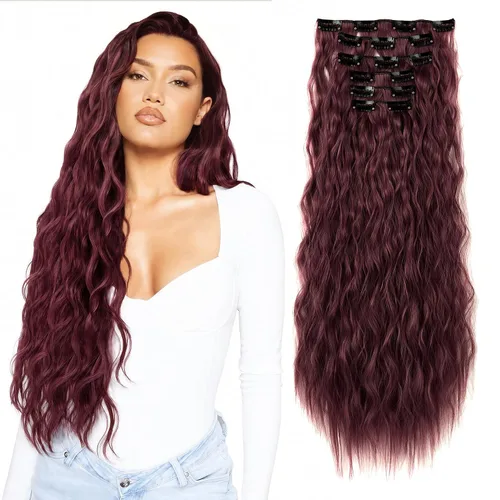 Vista 21 de Extensiones de cabello con clip, 6 unidades, extensiones de cabello largas con ondas de sirena, sintético, postizo para mujer, 24 pulgadas