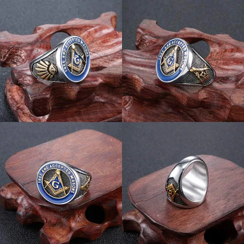 Vista 6 de IFUAQZ Anillo masónico de acero inoxidable para hombre con símbolo de masones de oro azul libre y aceptado, Metal, Sin piedras preciosas
