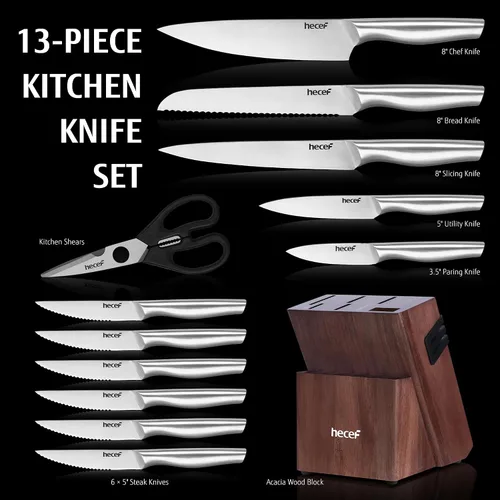 Vista 6 de hecef Juego de cuchillos de cocina de plata, hoja de acabado satinado con mango hueco (15 PCS)