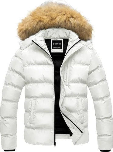 Vista 22 de Pursky Chaqueta de plumón impermeable para hombre, abrigos de invierno con capucha de piel para esquiar, parka con capucha de piel Verde militar