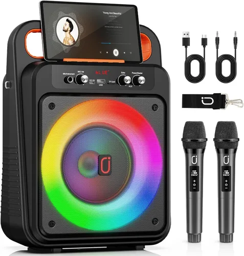 Vista 9 de JYX - Máquina de karaoke con 2 micrófonos inalámbricos, altavoz Bluetooth portátil con ajuste de graves/agudos y luz LED, compatible con TWS