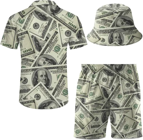 Vista 3 de ifamawlea Conjunto de 2 piezas para hombre, camisa hawaiana, pantalones cortos, camisa con botones y pantalones cortos con sombreros de pescador