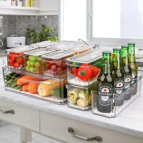 Vista 8 de Paquete de 10 cubos organizadores de despensa para refrigerador, cubos organizadores apilables para refrigerador con tapas, contenedores de plástico