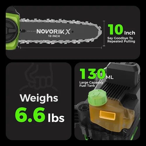 Vista 2 de NovorikX Motosierra inalámbrica de 20 V, motosierra eléctrica de 10 pulgadas con batería de 4.0 Ah y cargador, engrasador automático, tensión