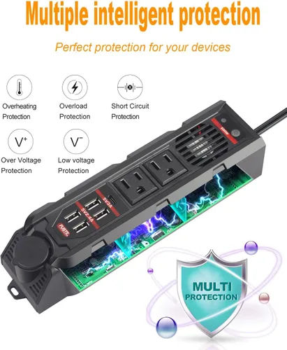 Vista 3 de Inversor de corriente para automóvil de 200 W CC 12 V a 110 V CA – Dos salidas de CA, 4 USB-A (4.8 A) y 18 W USB-C PD carga rápida, enchufe extra