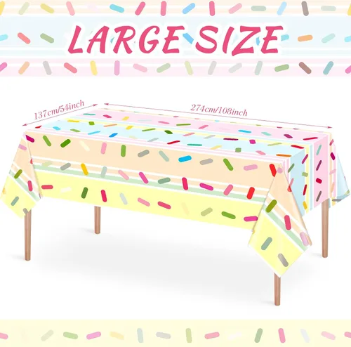 Vista 2 de Mindsoft 3 piezas de decoración de fiesta de cumpleaños con diseño de helado y sprinkles, mantel desechable con diseño de dona, mantel de plástico