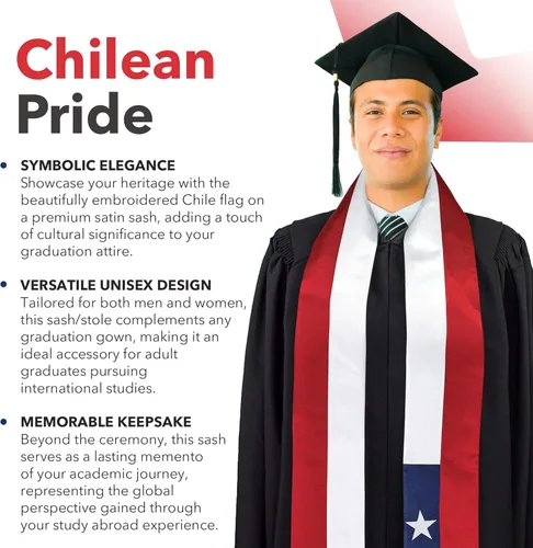 Vista 5 de Vision Wear - Fajaestola de graduación de América del Sur - Lujoso símbolo cultural - Abraza tu herencia - Banda de orgullo y honor, Chile Flag