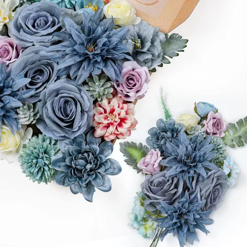 Vista 6 de AmyHomie - Juego de flores artificiales azules, mezcla de seda, peonía, rosa, hortensia, flores falsas con tallo para bricolaje, ramos de boda