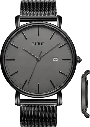 Vista 20 de BUREI Relojes de pulsera para hombre, relojes minimalistas de moda, analógicos de cuarzo, impermeables para hombres Banda negra negra