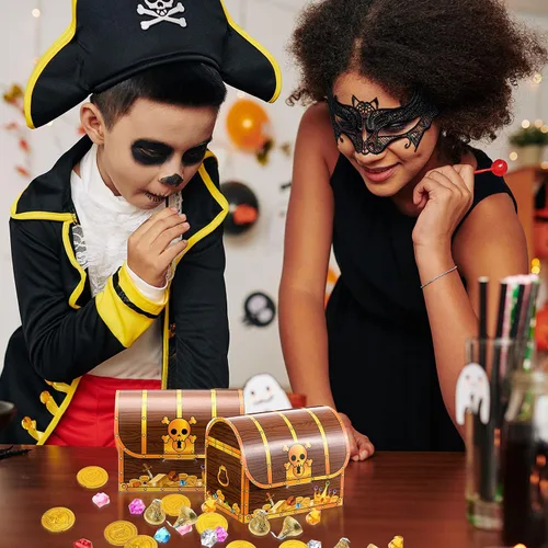 Vista 6 de Chinco Cofre de tesoros de cartón, cofre del tesoro pirata, caja de regalos para Halloween, juego de pirata, fiesta temática de piratas