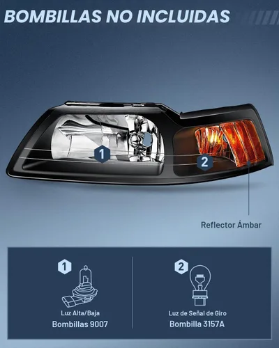Vista 2 de Nilight Conjunto de faros delanteros para Ford Mustang 1999 2000 2001 2002 2003 2004 repuesto carcasa negra reflector ámbar lado conductor y pasajero