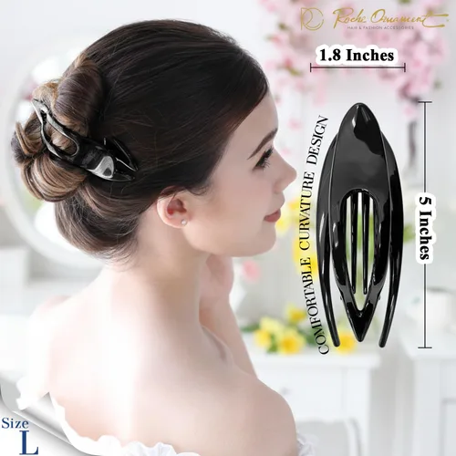 Vista 3 de RC ROCHE 6 piezas de pinzas planas para el cabello con gran garra para cabello grueso, diseño francés de pico de pato, para mujer, sin (Large) Negro