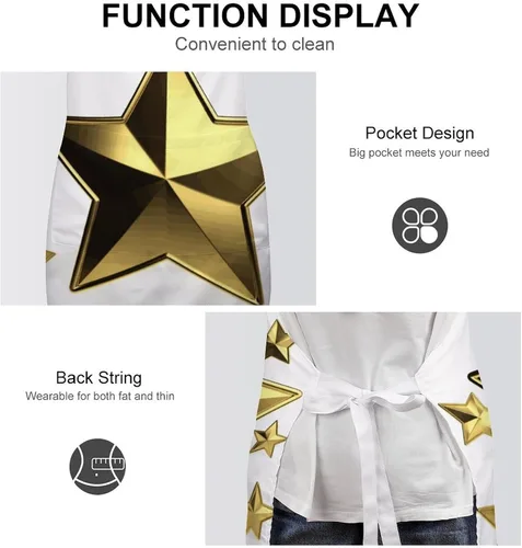 Vista 6 de MUSM Apron for Adults - 27.6 X 31.5 Inch, Heavy-Duty Polyester Aprons with Two Large Pockets, Waterproof Gold Star Kitchen Apron for Cooking