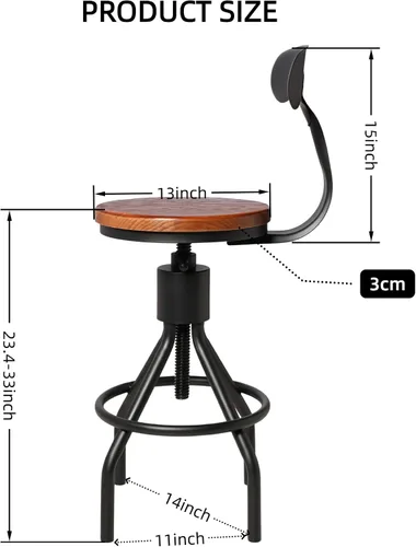 Vista 3 de Juego de 2 taburetes de bar industriales con respaldo de 23 a 33 pulgadas, asiento giratorio de madera, isla de cocina, comedor, taburete