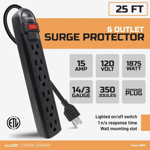 Vista 9 de Regleta de protección contra sobretensiones de 6 salidas con cable de extensión de 25 pies de largo, negro, certificación ETL/estándar UL