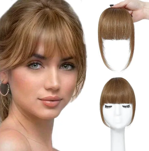 Vista 13 de ELEFOCUS Flequillo con clip, extensiones de cabello humano 100% real, flequillo falso francés 18#, clip de cabello en flequillo para mujeres, flecos