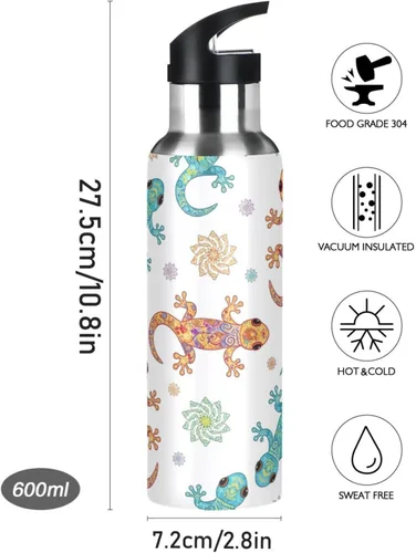 Vista 9 de Insulated Stainless Steel Water Bottle with Straw 20 Oz, BPA-Free Sports Water Bottle for Gym Outdoor Travel School, Funny Geckos Print