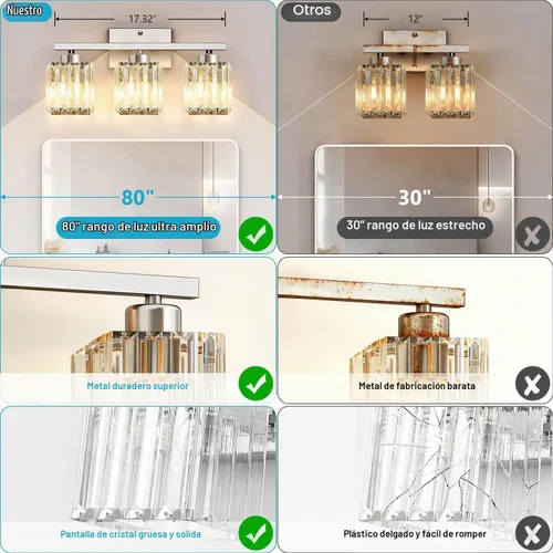 Vista 4 de GOLSPARK Crystal Bathroom Vanity Light, Brushed Nickel, 3 Light, Square