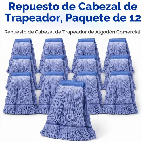 Vista 2 de Paquete de 12 cabezales de repuesto para trapeador, repuesto comercial de cabezal de trapeador de alta resistencia, repuestos comerciales de algodón