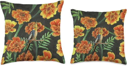 Vista 3 de Cockatiel Orange Yellow Marigolds Vintage Flower Pattern Throw Pillow