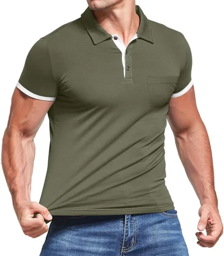 Vista 2 de KUYIGO Camisa polo de manga corta y larga para hombre, estilo casual, ajustada, lisa, de algodón suave, con bolsillo