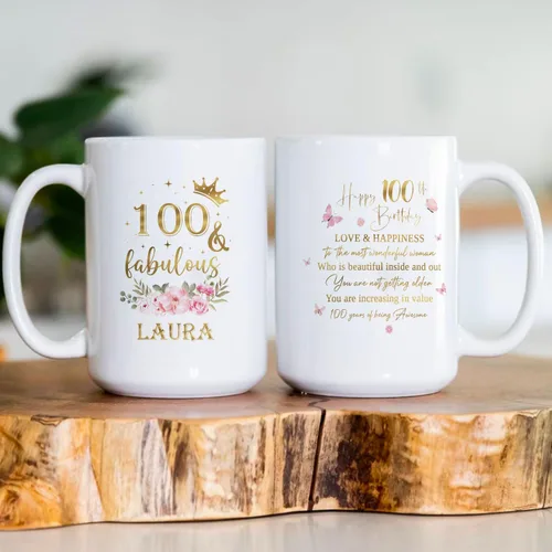 Vista 3 de Taza de cerámica única para regalo de cumpleaños número 100 y fabuloso, 100 años, idea de regalo, nombre personalizado, 11 onzas, 15 onzas