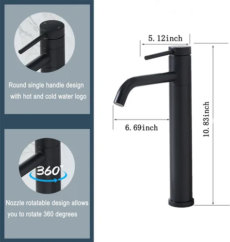 Vista 7 de Hotis Grifo de Fregadero Tipo Vasija Negro, Grifo Alto de Baño para Fregadero de 1 Agujero, Cuerpo Giratorio 360° Grifo de Una Sola Manija