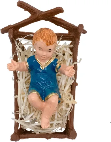 Vista 2 de Figurita de bebé Jesús en un pesebre con paja Escena del Belén de Navidad Decoración navideña cristiana Agregar a Belén o establo Decoración