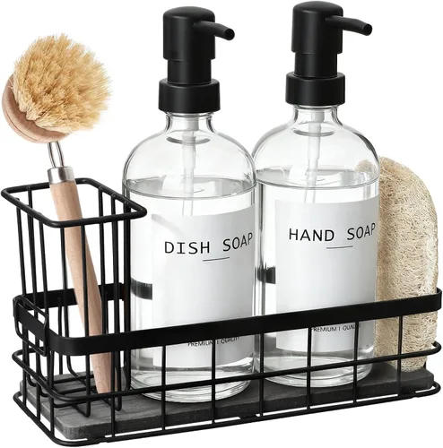 Vista 9 de Dispensador de jabón para platos para cocina, dispensadores de jabón de manos y platos ámbar de 16.9 onzas líquidas, juego de dispensador de jabón