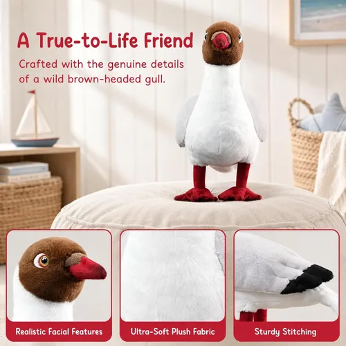 Vista 4 de Brown-headed Gull Plush Stuffed Toy, Realistic Bird Gift for Kids, 9.5in