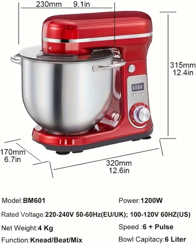 Vista 6 de Batidora de pie con cabezal inclinable de 6 L, batidora de pie de cocina con batidor, gancho para masa y batidor de alambre, ajustable de 6 Gris