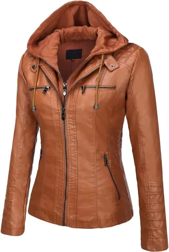 Vista 2 de Springrain Women's Faux Leather Jacket Moto Biker Coat with Detachable Hood Motorcycle Jacket