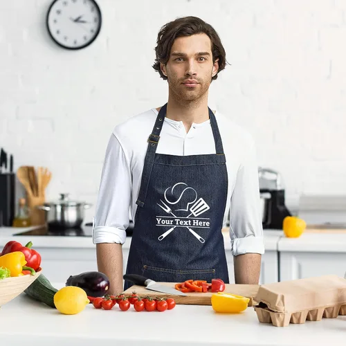 Vista 3 de Delantal personalizado para hombres y mujeres Delantal de chef de mezclilla personalizado con bolsillos Regalos de cocina personalizados