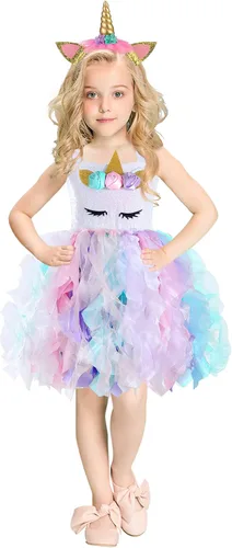 Vista 2 de PARTISKY Vestido de unicornio de Halloween para niñas, 3-10 años, disfraz de unicornio con lentejuelas, vestido tutú de princesa para fiesta