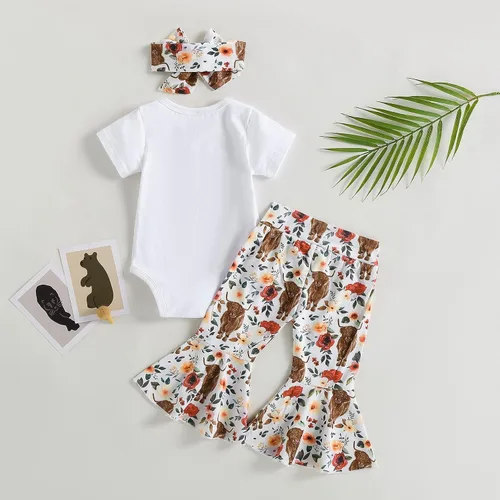 Vista 32 de Sejardin Ropa de verano para bebé y niña, recién nacida, manga corta, con letras, mameluco elástico con diadema