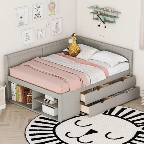 Vista 14 de Sofá cama de madera de tamaño matrimonial con 2 armarios de noche, estantes superiores y 4 cajones, marco de madera resistente, espacio de Marrón