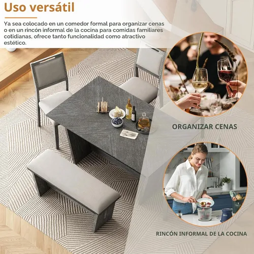 Vista 6 de Merax Juego de comedor retro de 6 piezas, 1 mesa rectangular con base de mesa trapezoidal estable y 4 sillas tapizadas y 1 banco para comedor