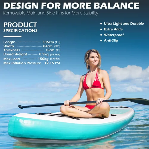 Vista 5 de Tabla de Paddle Board de 11' x 33" x 6" Extra Ancha Inflable Stand Up Paddle Board con Bomba de Mano, Correa, Pala Ajustable Para Versión Básica